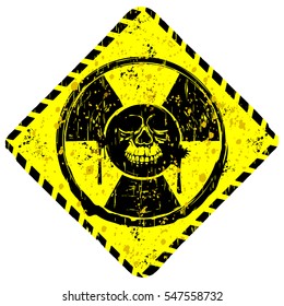Abstract vector illustration rhombic grunge yellow sign radiation to skull with lettering danger