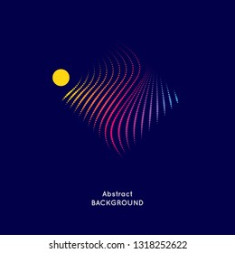 Abstract vector illustration with a rhombus and circles of linear waves on a dark background. Bright design elements
