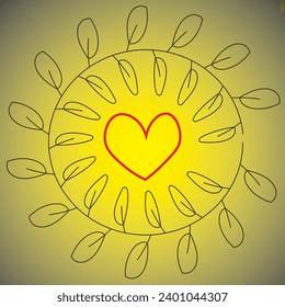 Abstract vector illustration. Round frame with leaves. Lines, leaves, hand drawing. A simple red heart in the middle of the frame. On the background Transitional black and yellow color.