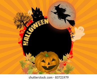 Abstract vector illustration with rounded frame, full moon, witch flying on a broom and one pumpkin. Halloween concept