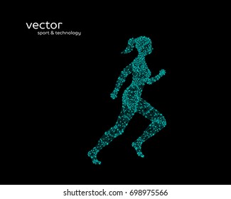 Abstract vector illustration of running woman on black background.