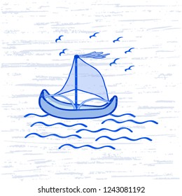 Abstract vector illustration with a sailing vessel on the waves and birds, on a white background, textured, handmade, artistic. Cute marine greeting card design template.