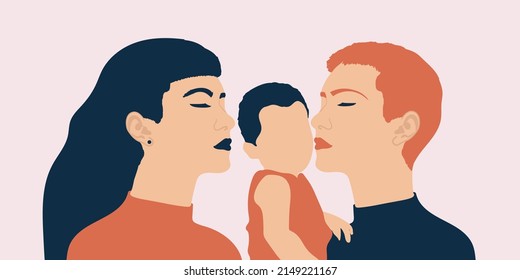 Abstract Vector Illustration Of Same Gender Caucasian Lesbian Family With A Child. Concept Of Modern Diverse Family With Two Mother As Parents. Graphic Of Woman Head Profile Silhouette