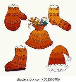 Abstract vector illustration of Santa Claus red clothing - sock, glove, boot, hat, bag with gifts, candy canes, gingerbread men. Hand-drawn object set. Isolated on a white background. Eps 8.