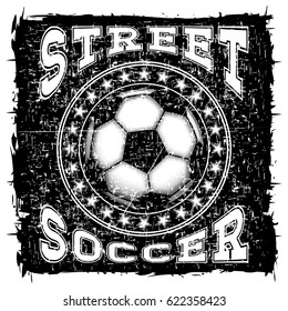Abstract vector illustration scratched black and white football ball with stars and inscription street soccer. Design for print on fabric or t-shirt.