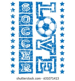 Abstract vector illustration scratched blue inscription love soccer with football ball. Design for print on fabric or t-shirt.