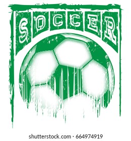 Abstract vector illustration scratched green football ball and inscription soccer. Design for print on fabric or t-shirt.