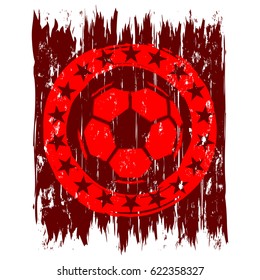 Abstract vector illustration scratched red football ball with stars on grunge background. Design for print on fabric or t-shirt.