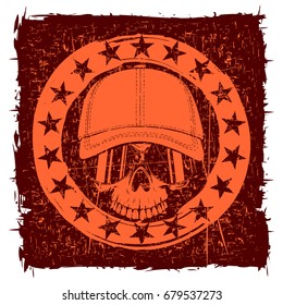 Abstract vector illustration scratched skull without lower jaw in sunglasses and baseball cap on grunge frame with stars. Design for tattoo or print t-shirt.