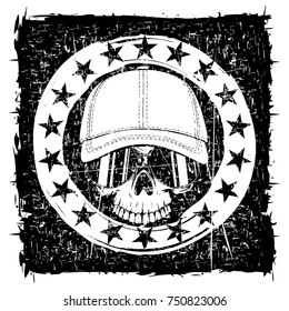 Abstract vector illustration scratched skull without lower jaw in sunglasses and baseball cap on grunge frame with stars. Design for tattoo or print t-shirt.