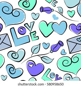 Abstract vector illustration. Seamless pattern Valentine background with hearts and love happy holiday in blue and violet colors. Vector hand drawing love motive on a white backdrop.
