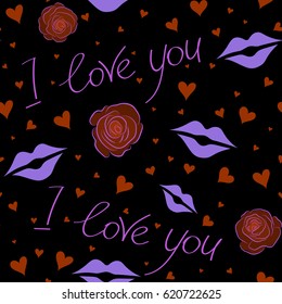 Abstract vector illustration. Seamless pattern Valentine background with hearts and love happy holiday in violet and brown colors. Vector hand drawing love motive on a black backdrop.