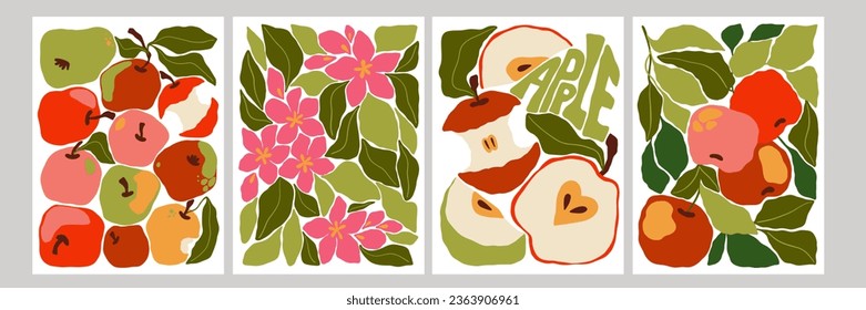 Abstract vector illustration set of apples, leaves and flowers. Abstract harvest poster set. Vegetable market. Abstract apples