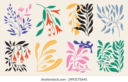 Abstract vector illustration. Set of flower and leaf hand drawings.