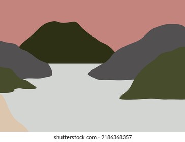 Abstract vector illustration set with hills and mountains in modern minimalists style. Contemporary landscape is perfect for social media, site, wall art, posters, cards, prints etc.