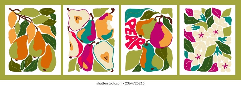 Abstract vector illustration set of pears, leaves and flowers. Abstract harvest poster set. Vegetable market. Abstract pears