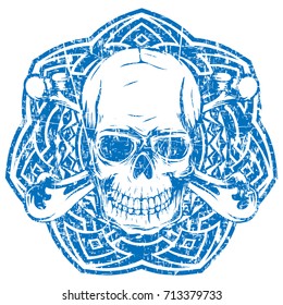 Abstract vector illustration shabby stamp grunge skull with crossed bones on round ornament. Design for tattoo or print t shirt.