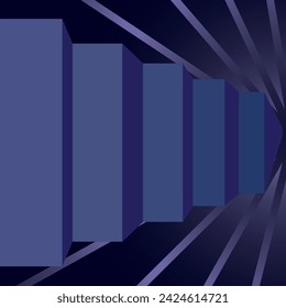 Abstract vector illustration. Shades of blue to black. Stairs leading to the unknown. Rays across the wallpaper, glow at the bottom of the stairs. stairs coming out of the glow.