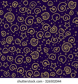 Abstract vector illustration with shells and sea stars. Can be used for wallpaper, pattern fills, web page background,surface textures. Seamless pattern.