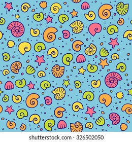 Abstract vector illustration with shells and sea stars. Can be used for wallpaper, pattern fills, web page background,surface textures. Seamless pattern.