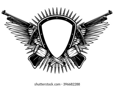 Abstract vector illustration shield with crossed machine guns and grenade