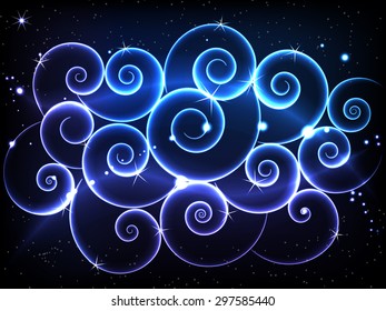 Abstract vector illustration - the shining blue and violet spirals twirled in different directions against a dark background. Contains bright particles and asterisks.