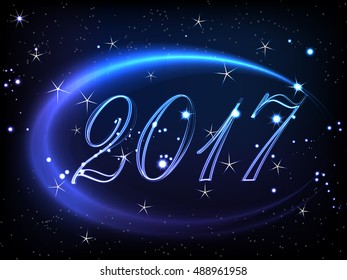 Abstract vector illustration - the shining blue ovals and inscription  against a dark background. Contains bright particles and asterisks. Happy New Year.
