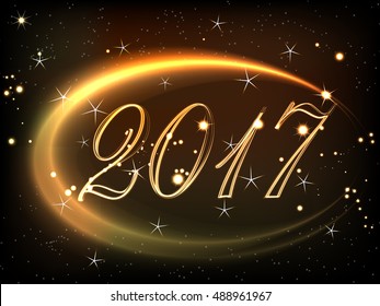 Abstract vector illustration - the shining golden ovals and inscription against a dark background. Contains bright particles and asterisks. Happy New Year.