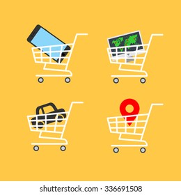 Abstract vector illustration shopping cart icon with map pointer, car icon, smartphone icon, computer flat design icon on a yellow background