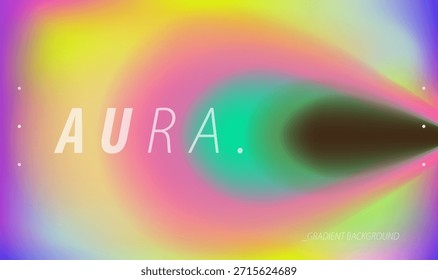 A ilustração vetorial abstrata mostra um vibrante desfoque de gradiente horizontal fluindo do amarelo para o rosa, roxo e ciano, formando um feixe suave em forma de aura sobre um fundo claro.