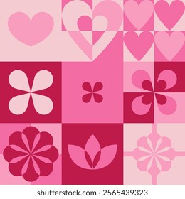 An abstract vector illustration showcasing a mix of hearts and floral designs in a balanced grid with varied pink shades. Isolated for versatile use.