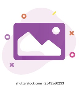 Abstract vector illustration showcasing a mountain landscape icon in purple gradients with geometric accents. Perfect for modern design projects, digital presentations, or creative artwork.