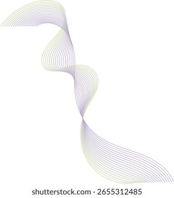 Uma ilustração vetorial abstrata exibindo linhas onduladas fluindo suavemente com uma transição de gradiente sutil entre tons de verde claro e roxo suave