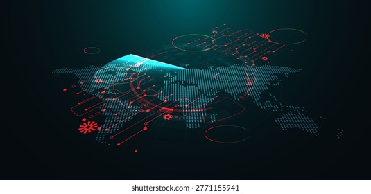Abstract vector illustration showing digital data flow and circuit lines over a world map. Concept for global networking, international logistics, and cyber communication.