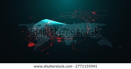 Abstract vector illustration showing digital data flow and circuit lines over a world map. Concept for global networking, international logistics, and cyber communication.