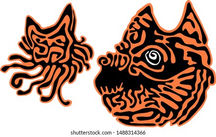 Abstract vector illustration. Silhouette of dog and cat. Black and orange.