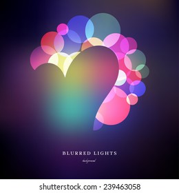 Abstract vector illustration. Silhouette of heart on the background of glowing blurred Lights. Bokeh effect. Valentine's Day or wedding.