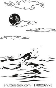 Ilustración del vector abstracto con la silueta del 
luna y de la tormenta oceánica. Sencillo patrón o fondo en capas editable. Colocar texto o imagen.