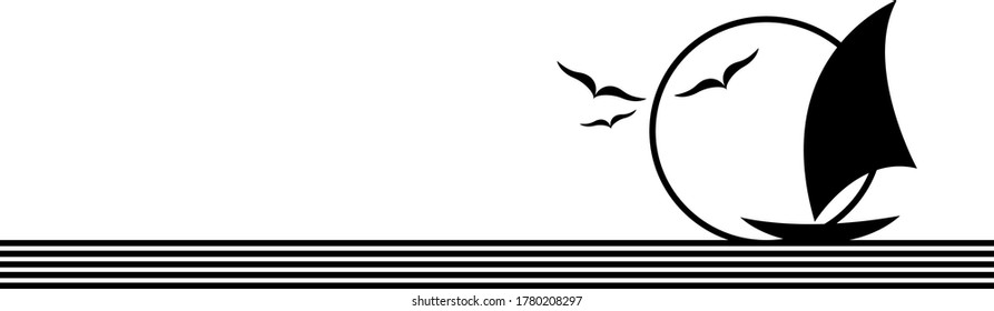 Abstract vector illustration with the silhouette of the 
sail ship or of the yacht and seagulls. Silhouette of the sunset or sunrise. Easy editable layered background or pattern. Place for text