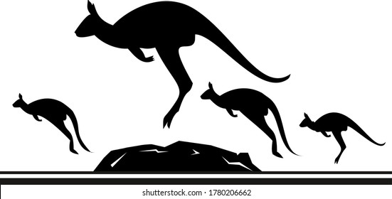 Abstract vector illustration with the silhouettes of the 
jumping kangaroo. Easy editable layered background or pattern. Nice stencil isolated. Place for text or image.