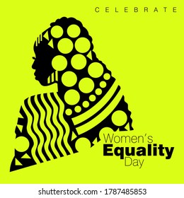 An abstract vector illustration of a single African American woman with curly long hairstyle in three quarter profile view on a neon color isolated background for Women's Equality Day