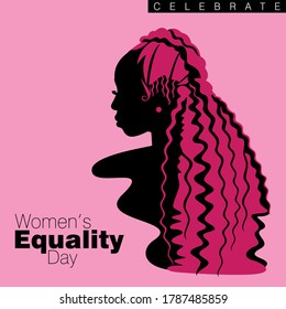 An abstract vector illustration of a single African American woman with curly long hairstyle in three quarter profile view on a pink isolated background for Women's Equality Day