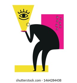 Abstract vector illustration with sitting man and mobile phone with yellow light and big eye. Big data concept art, spying future technology print design