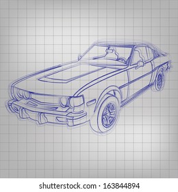 Abstract vector illustration sketched car in blue ink
