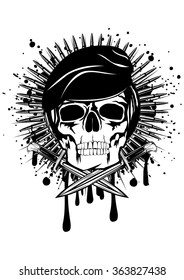 Abstract vector illustration skull in beret crossed knives on grunge splash