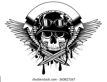 Abstract vector illustration skull in helmet with goggles and crossed knives on grunge splash