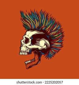 Abstract vector illustration. A skull with an open mouth and a punk rock hairstyle. T-shirt design, stickers, print.