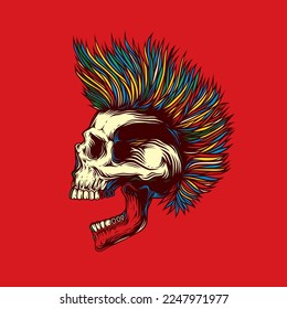 Abstrakte Vektorgrafik. Ein Schädel mit offenem Mund und einem Punk-Rock-Friseur. T-Shirt-Design, Aufkleber, Druck.