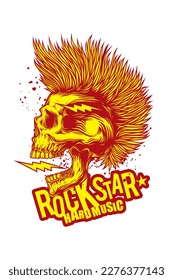 Abstract vector illustration. A skull with an open mouth and a punk rock hairstyle. T-shirt design, stickers, print.