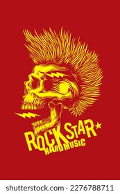 Abstract vector illustration. A skull with an open mouth and a punk rock hairstyle. T-shirt design, stickers, print.